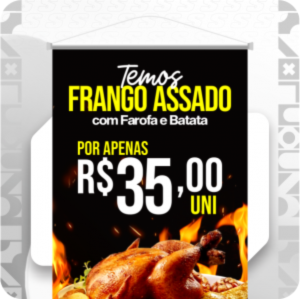 Banner 100x100cm Lona 440gr 100x100cm   Bastão de madeira, ponteiras e cordão para pendurar. 
